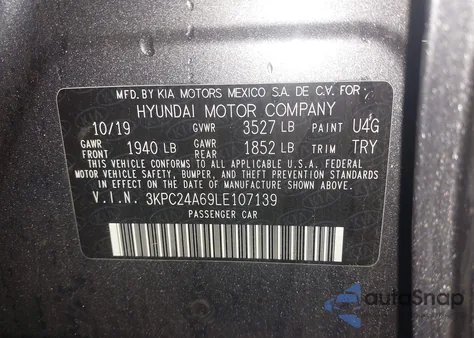 2020 Hyundai Accent Se z USA, uszkodzony, nr VIN 3KPC24A69LE107139